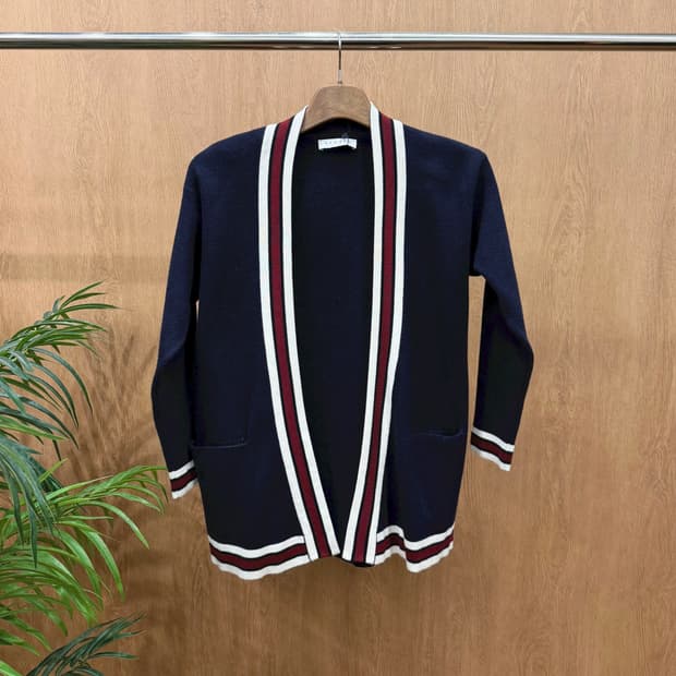 산드로 오픈 니트 가디건 스트라이프 브이넥 라인 디테일 루즈핏 네이비