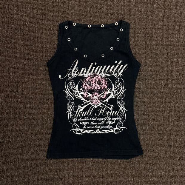 M)Japanese Vintage Skull 프린팅 Y2K나시