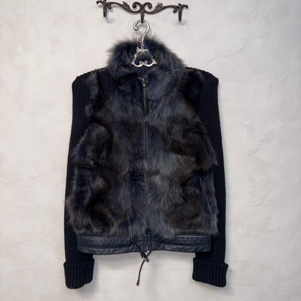 Navy brown fox fur knit zipup