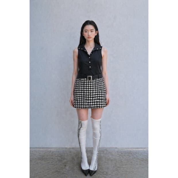 체크 무늬 벨트 원피스