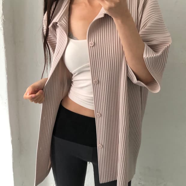 Issey Miyake 옴므플리세 베이비핑크 플리츠 반팔 셔츠