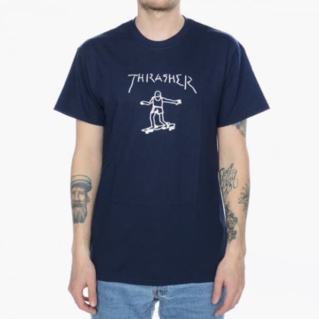 트래셔 THRASHER 네이비 보더 프린팅 티셔츠 L