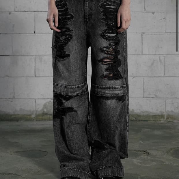 보헤미안서울 KNEE OPEN RIPPED WIDE JEANS, GRAY