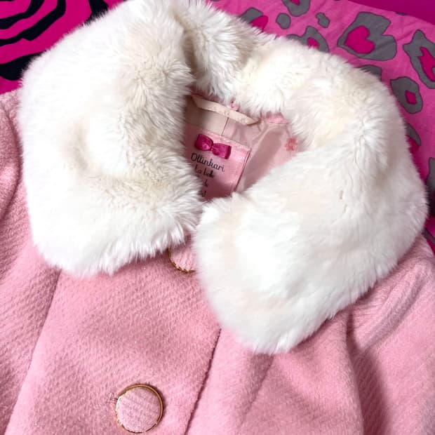 히메 로맨틱갸루 대장 흰핑 딸기우유 핑크 퍼 트리밍 코트 핀터깔 라떼갸루