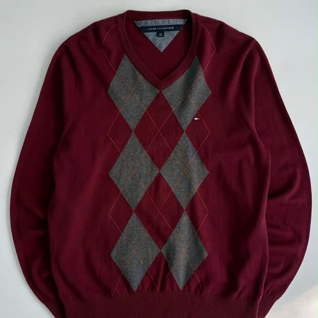 [L] 타미힐피거 아가일 코튼 니트 스웨터 버건디
