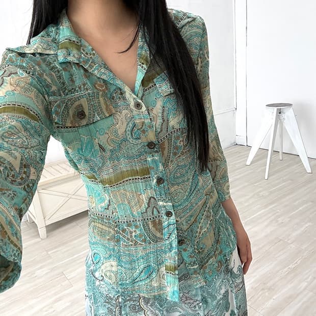 Mint Paisley Pleated Shirt