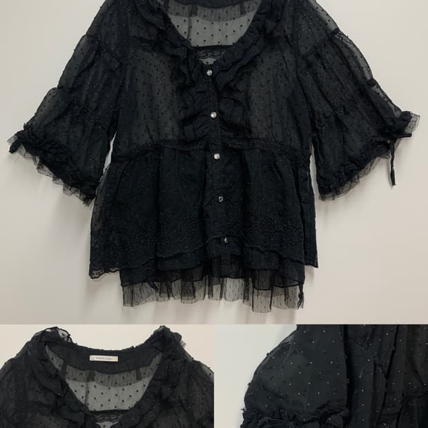 axes femme 블랙 시스루 프릴 반팔 셔츠