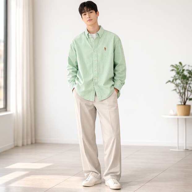 랄프로렌 포니 자수 스트라이프 버튼다운 셔츠 그린