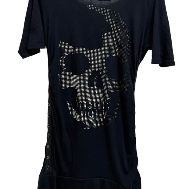 펑크 갸루 y2k 스컬 큐빅 백 리본 미니 반팔 원피스