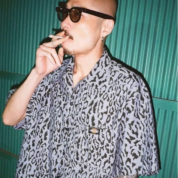 와코마리아 x 디키즈 레오파드 버튼업 반팔 워크 셔츠 그레이 M