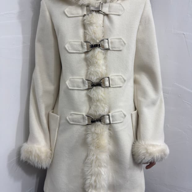 white fur hood buckle coat