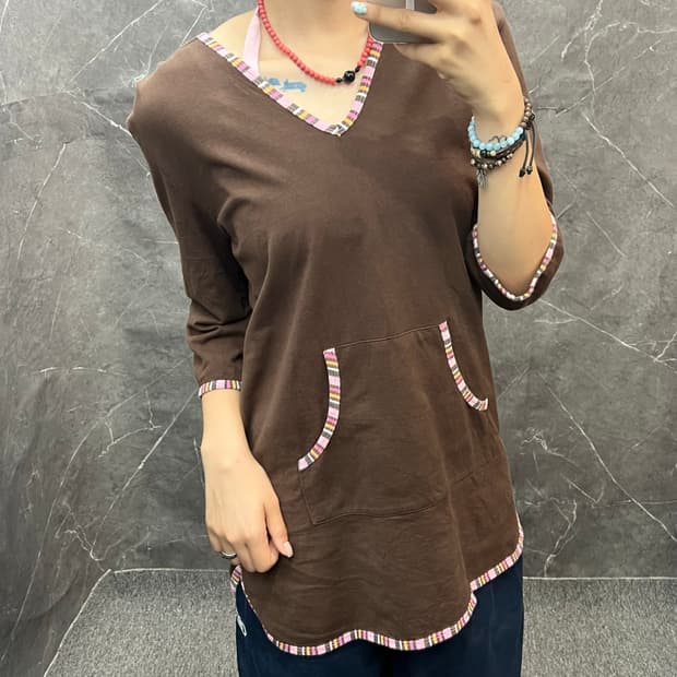 Vintage 브이넥 7부 후드티 s449
