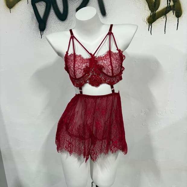 VTG 빈티지 레드 오리엔탈 펑크 레이어드 스트랩 시스루 슬립