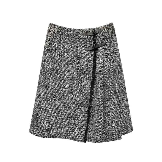 JPN VINTAGE 트위드 미디 랩 스커트 더블 버클 디테일 그레이