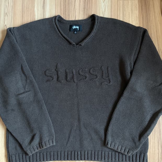 스투시 브이넥 자수로고 니트 스웨터 브라운 L