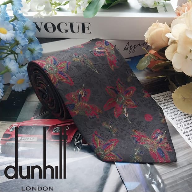 던힐 실크 다크그레이&브라운 아트 패턴 넥타이 9cm A+등급 K1456