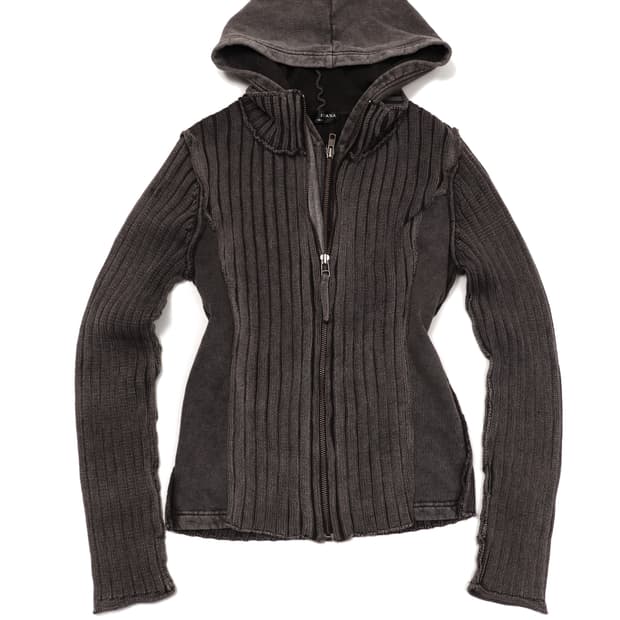 이중 레이어드 니트 후드 집업 