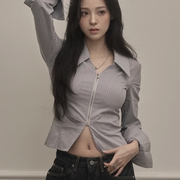 카키포인트 스트라이프 집업 셔츠