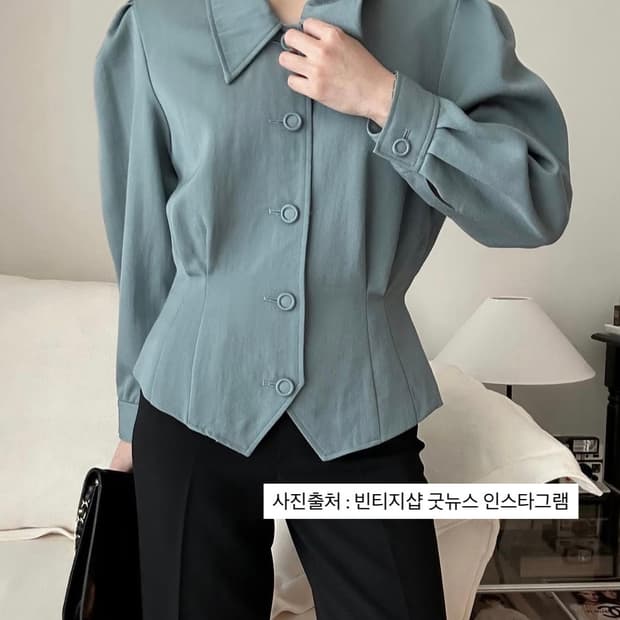 빈티지 ) 딥민트 퍼프 울 블라우스