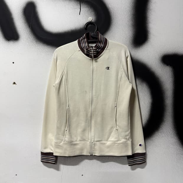 챔피온 재팬 아이보리 브라운 배색 원 포인트 코튼 집업 져지 자켓