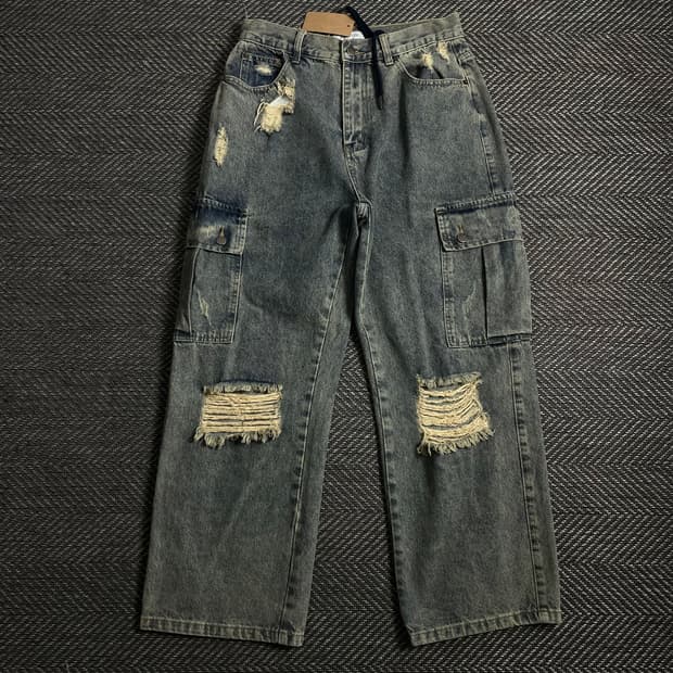 빈티지 y2k 디스트로이드 워싱 데님 카고 팬츠o 4458