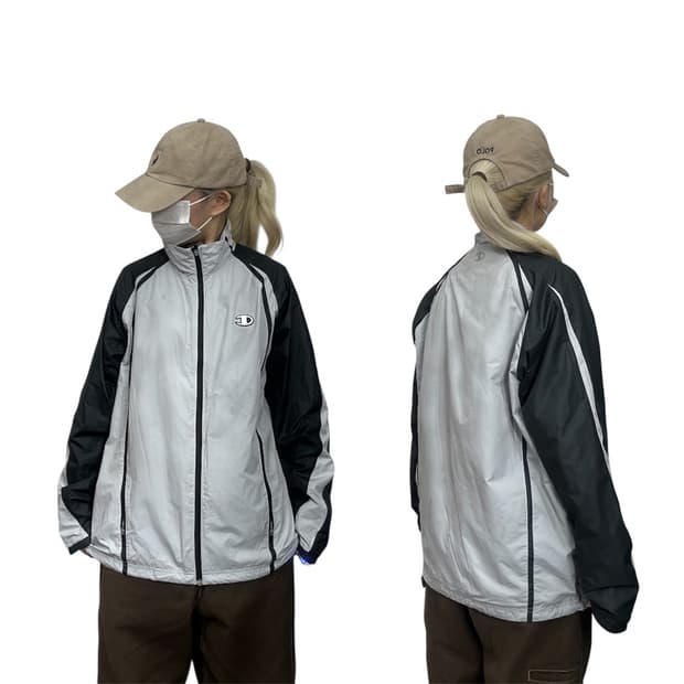 챔피온 재팬 그레이 블랙 올드스쿨 배색 오버핏 바람막이 트랙 자켓 L 