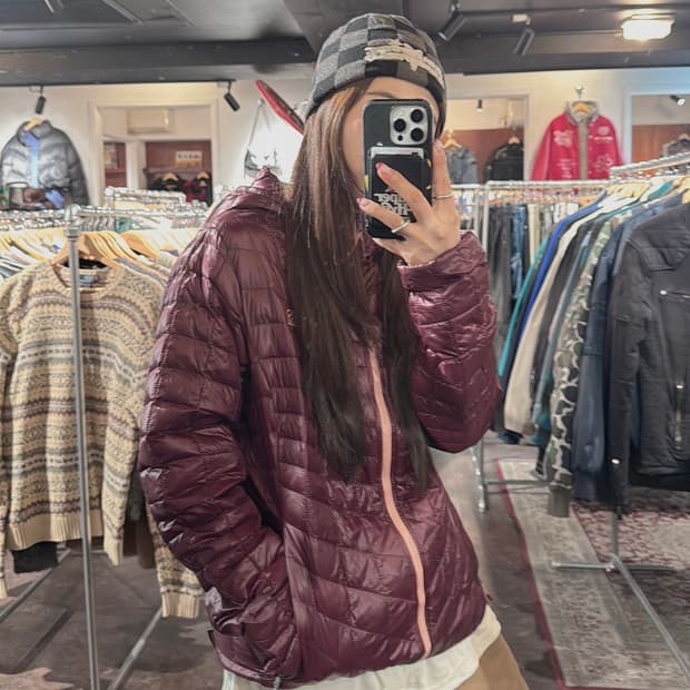 노스페이스 스퀘어 버건디 후드 경량 패딩 M