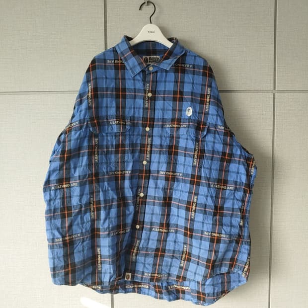 [2XL] 베이프 로고 체크 원포인트 사루 셔츠 블루 (루즈핏)