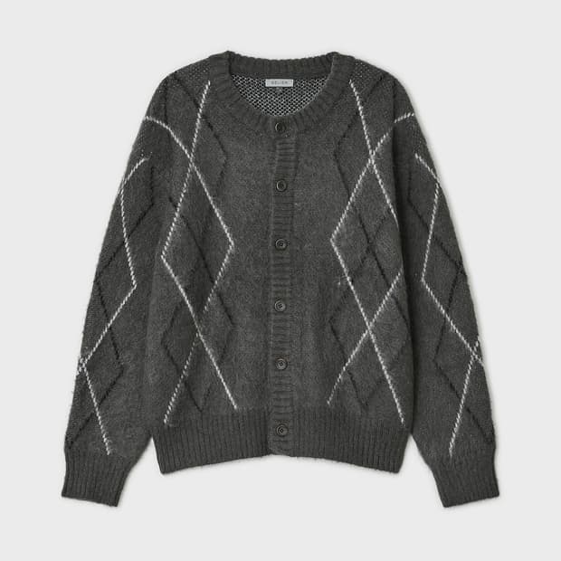 (새상품) 벨리에 25FW 브러쉬드 아가일 가디건 그레이 100사이즈
