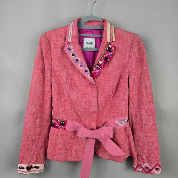 [무료배송]모스키노 화려한 빈티지 보석 장식 린넨 핑크 자켓 정품