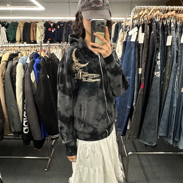 XL)카라쿠리 타마시 빈티지 오리엔탈 타이거 자수 후드집업