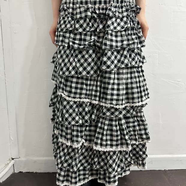 pink house check layered long skirt