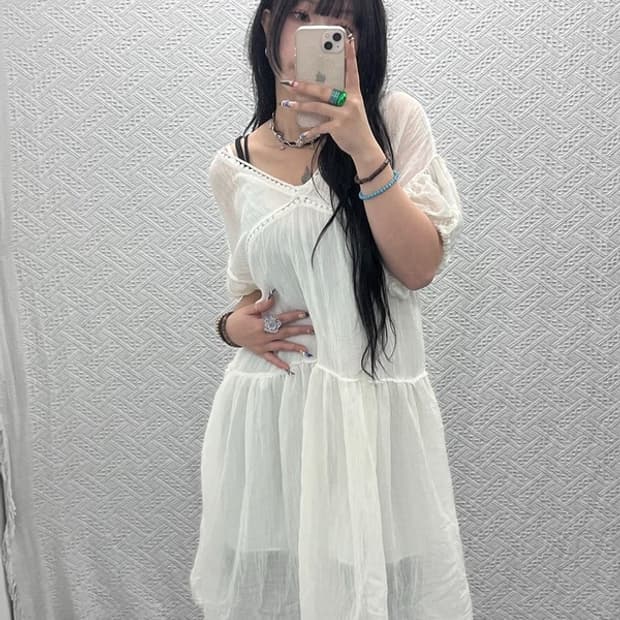 빈티지 여리 폭닥 모리걸 쉬폰 플레어 크림 원피스 L C07930