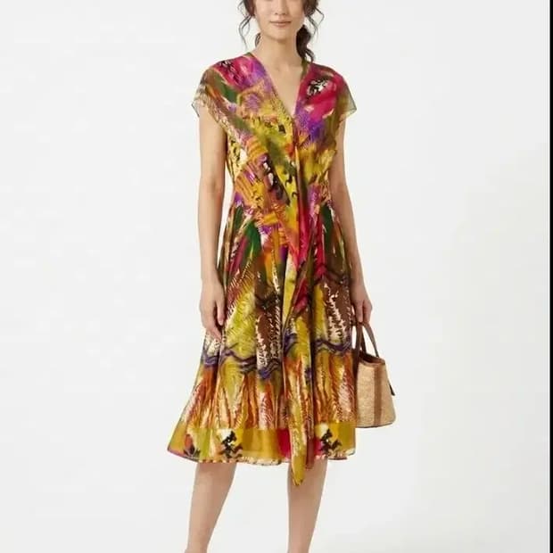 타임(TIME) 실크 100% 멀티 패턴 프릴 원피스 55