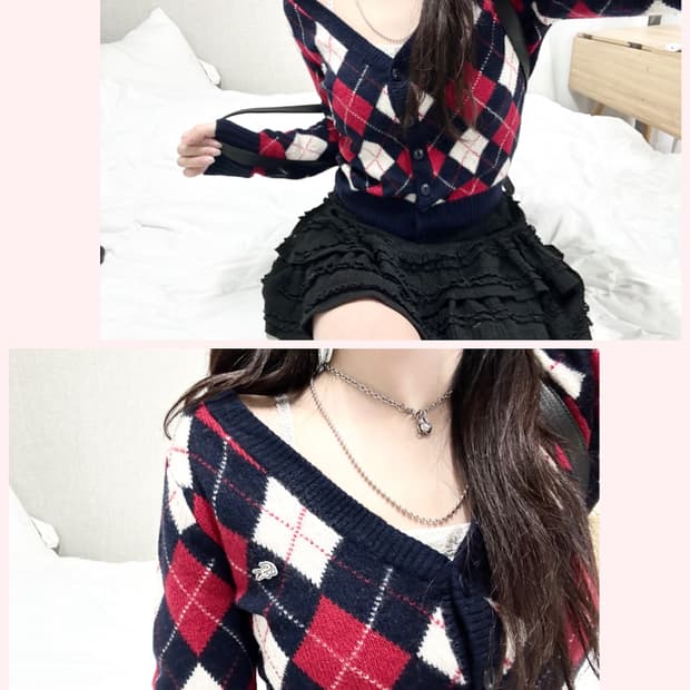 라코스테 아가일체크 캐시혼방 울 가디건