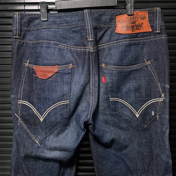 리바이스 쿠퍼 가죽 부츠컷 나팔 바지 플레어진 워싱 데님 스티치 34