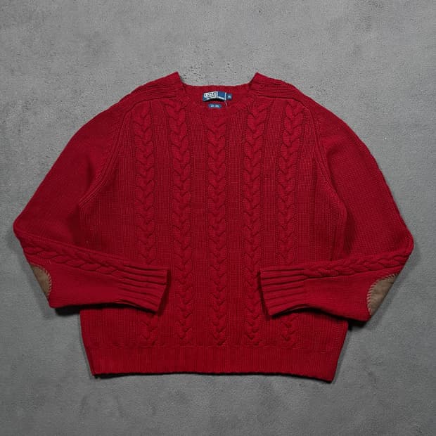 폴로 엘보우 레더패치 꽈배기 니트 