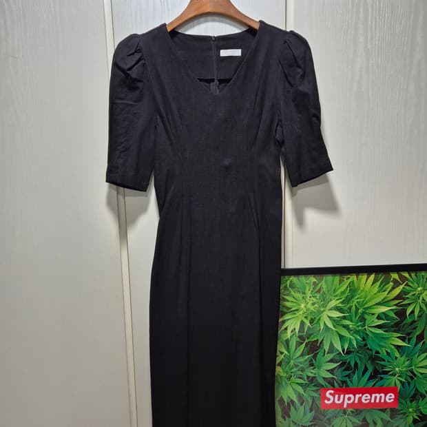 (타임세일)(새상품) 블랙 린넨 롱원피스 퍼프 반팔