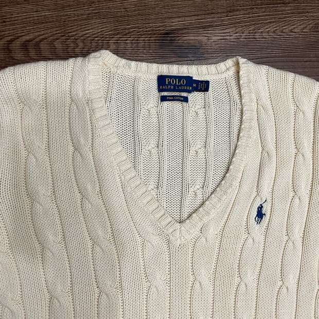 폴로 피마코튼 케이블 브이넥 니트 코튼 스웨터 크림
