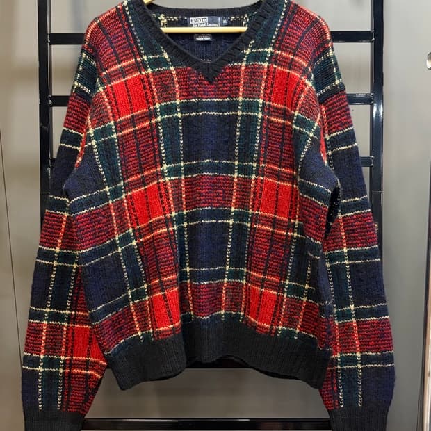 (XL) 폴로 핸드니트 메리노울 체크 니트 8.9