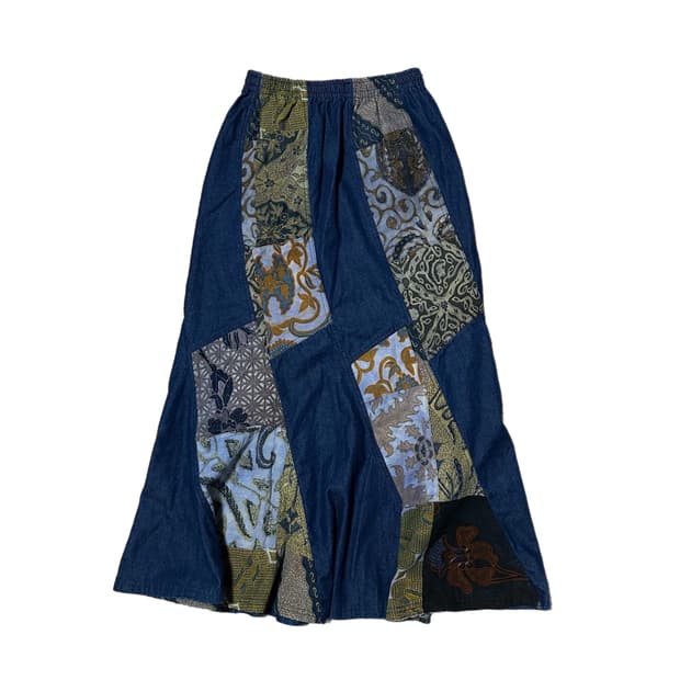 모리 패치 데님 밴딩 롱스커트