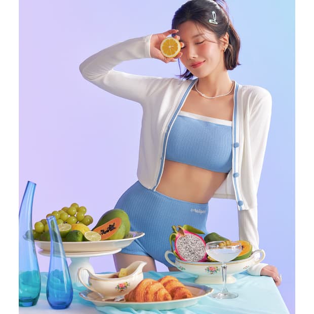 코랄리크 수영복 트위스트 비키니 래쉬가드 세트 블루