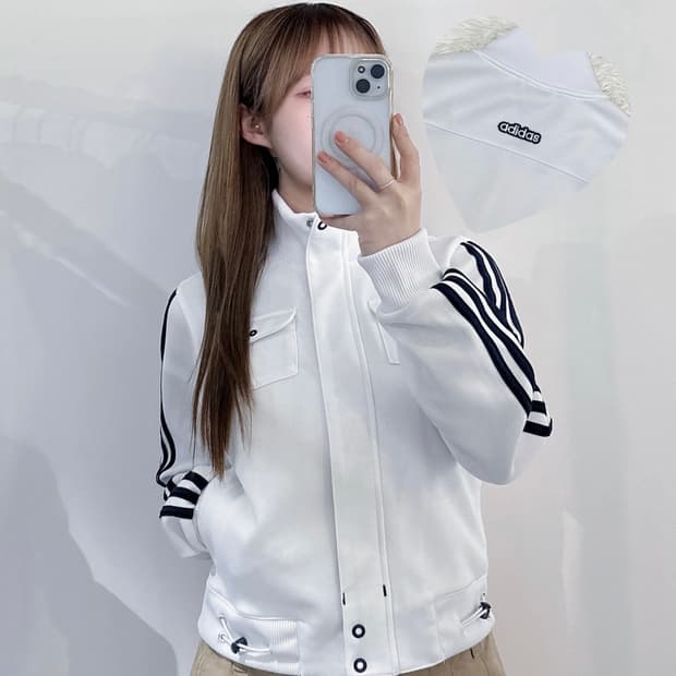 아디다스 화이트 삼선 트랙 집업