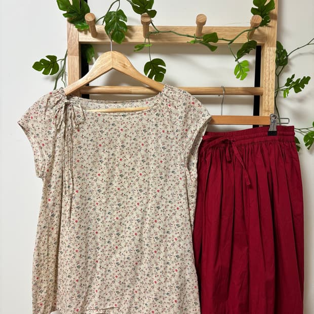 빈티지 잔꽃 리본 bl & 딥레드 sk set