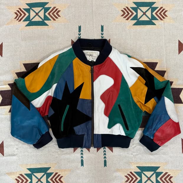90s Cougar 크롭 레더 패치워크 봄버 블루종 자켓