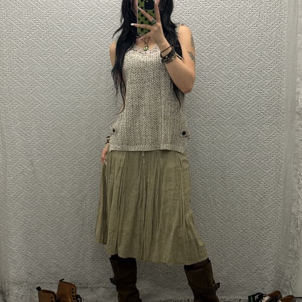빈티지 에스닉 패턴 피스타치오그린 플리츠 시어 미디스커트 K0145
