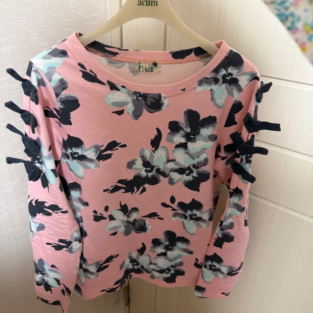 핑크 플라워 리본 롱슬리브 티셔츠 빈티지 모리걸 하구미 러블리