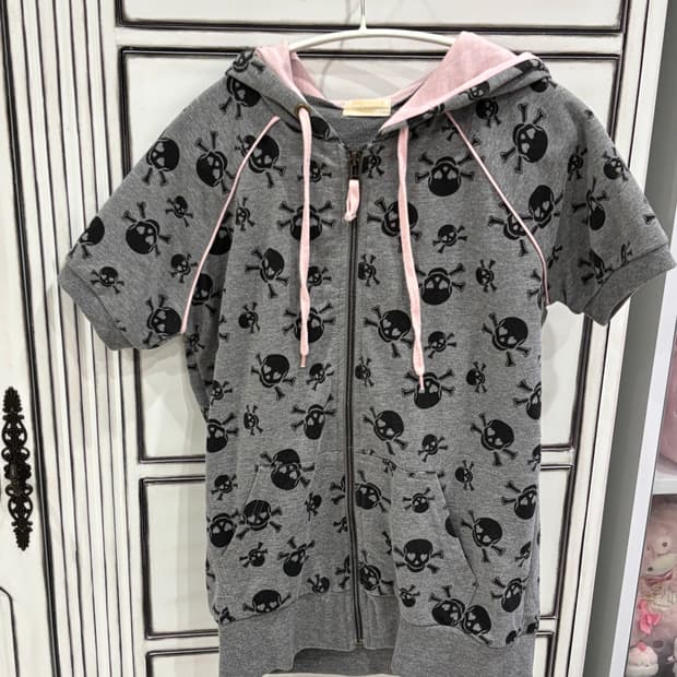 헤이세이 팝갸루 해골 핑크 그레이 반팔 후드집업