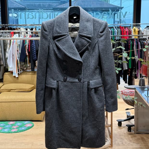 버버리 차콜 그레이 울 혼방 더블 브레스티드 코트