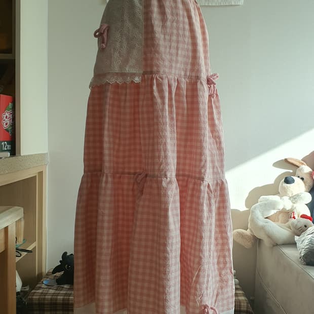 [핸드메이드] 핑크 체크 캉캉 롱 스커트 레이스